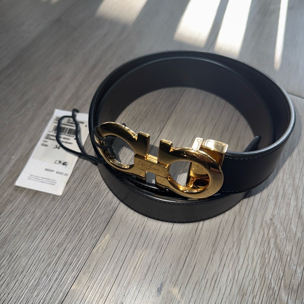 Authentic Ferragamo Black Leather Belt with Gold Buckle